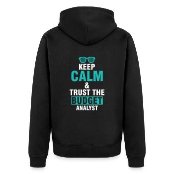 Keep Calm & Vertrau Dem Budget Analysten - Unisex Premium Bio Zip Hoodie - Schwarz - Hinten - Nico (187cm)