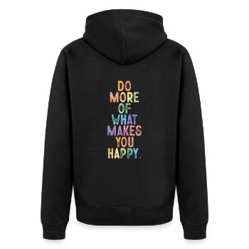Mach Mehr Von Dem Was Dich Glücklich Macht - Unisex Premium Bio Zip Hoodie - Schwarz - Hinten - Nico (187cm)