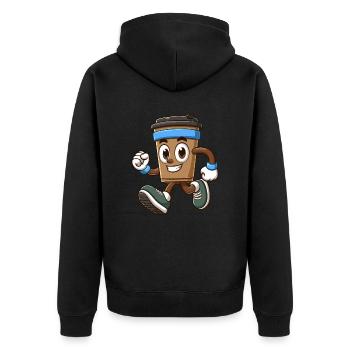 Laufender Kaffeebecher Mit Sneakers - Unisex Premium Bio Zip Hoodie - Schwarz - Hinten - Nico (187cm)