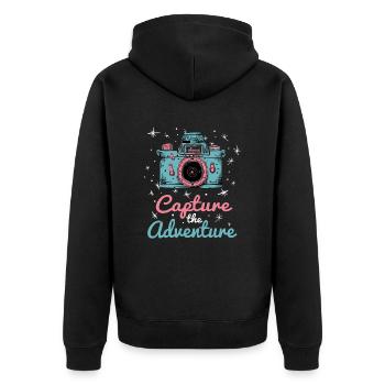 Capture The Adventure - Kamera Und Sterne - Unisex Premium Bio Zip Hoodie - Schwarz - Hinten - Nico (187cm)