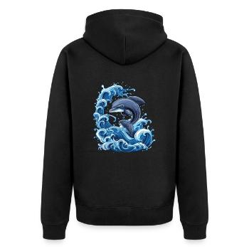 Delfin Wasser Wellen Ozean - Unisex Premium Bio Zip Hoodie - Schwarz - Hinten - Nico (187cm)