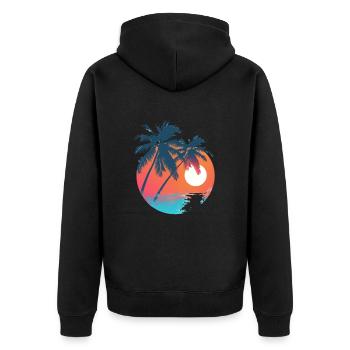 Tropischer Sonnenuntergang mit Palmen - Unisex Premium Bio Zip Hoodie - Schwarz - Hinten - Nico (187cm)