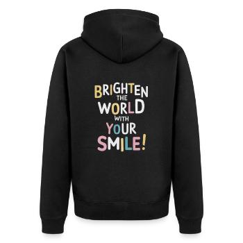 Erhelle Die Welt Mit Deinem Lächeln - Unisex Premium Bio Zip Hoodie - Schwarz - Hinten - Nico (187cm)