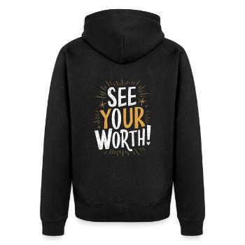 Entdecke Deinen Eigenwert - Unisex Premium Bio Zip Hoodie - Schwarz - Hinten - Nico (187cm)
