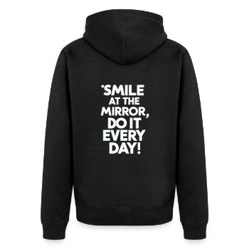 Smile At The Mirror Jeden Tag Motivation - Unisex Premium Bio Zip Hoodie - Schwarz - Hinten - Nico (187cm)