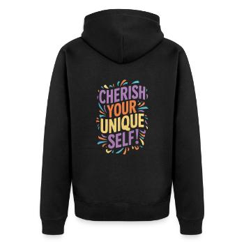 Cherish Your Unique Self Botschaft - Unisex Premium Bio Zip Hoodie - Schwarz - Hinten - Nico (187cm)