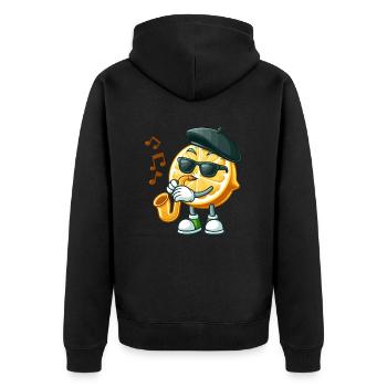 Cooler Saxophon Spielender Zitruscharakter - Unisex Premium Bio Zip Hoodie - Schwarz - Hinten - Nico (187cm)