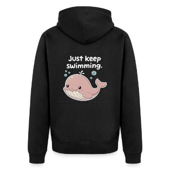 Schwimmen Sie einfach weiter Entzückende Wal-Motivation - Unisex Premium Bio Zip Hoodie - Schwarz - Hinten - Nico (187cm)