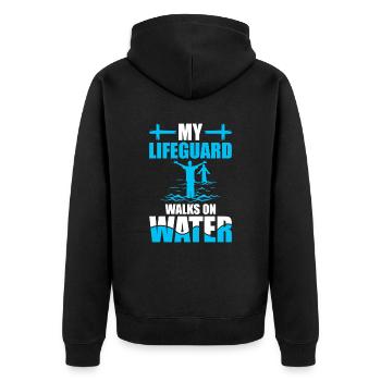 Mein Rettungsschwimmer Geht Auf Wasser - Getauft - Unisex Premium Bio Zip Hoodie - Schwarz - Hinten - Nico (187cm)