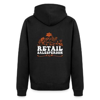 In My Retail Salesperson Era Floral Motif - Unisex Premium Organic Zip Hoodie - black - Back - Nico (187cm)