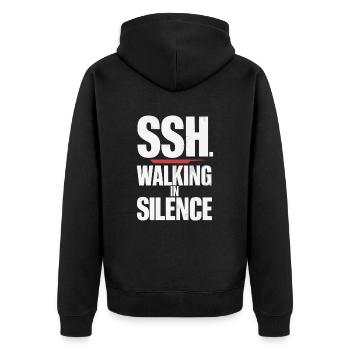 SSH. Walk in silence for inner peace - Unisex Premium Organic Zip Hoodie - black - Back - Nico (187cm)