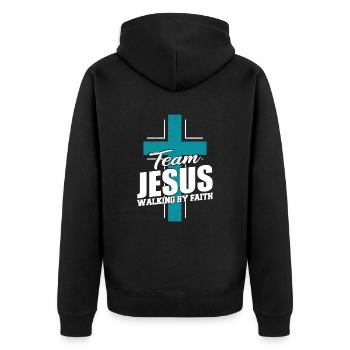 Team Jesus Walking By Faith Blue Cross - Unisex Premium Organic Zip Hoodie - black - Back - Nico (187cm)