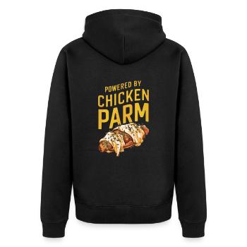 Powered By Chicken Parm - Hähnchen Parmigiana - Unisex Premium Bio Zip Hoodie - Schwarz - Hinten - Nico (187cm)