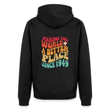 1949 Geburtstag Vintage Hippie Groovy - Unisex Premium Bio Zip Hoodie - Schwarz - Hinten - Nico (187cm)
