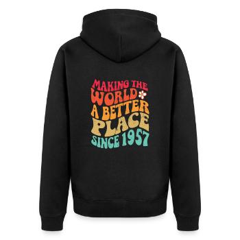 1957 Geburtstag Vintage Hippie Groovy - Unisex Premium Bio Zip Hoodie - Schwarz - Hinten - Nico (187cm)