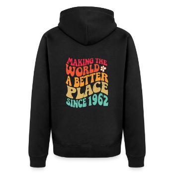1962 Geburtstag Vintage Hippie Groovy - Unisex Premium Bio Zip Hoodie - Schwarz - Hinten - Nico (187cm)