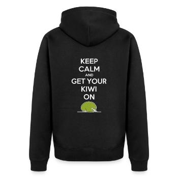 Neuseeland Souvenir: Keep Calm And Get Your Kiwi - Unisex Premium Bio Zip Hoodie - Schwarz - Hinten - Nico (187cm)