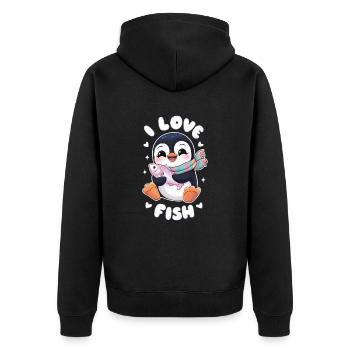 Mignon pingouin kawaii amateur de poissons - J’adore - Veste à capuche bio Premium Unisexe - noir - Dos - Nico (187cm)