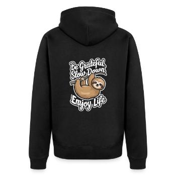 Sei Dankbar, Entschleunige, Genieße das Leben - - Unisex Premium Bio Zip Hoodie - Schwarz - Hinten - Nico (187cm)