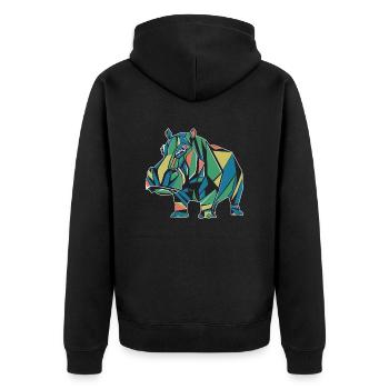 Buntes Geometrisches Nilpferd Design - Unisex Premium Bio Zip Hoodie - Schwarz - Hinten - Nico (187cm)