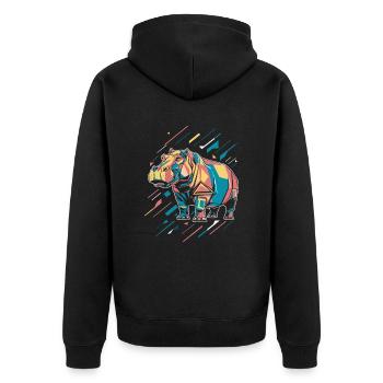 Bunter Geometrischer Hippo Mit Farbspritzern - Unisex Premium Bio Zip Hoodie - Schwarz - Hinten - Nico (187cm)