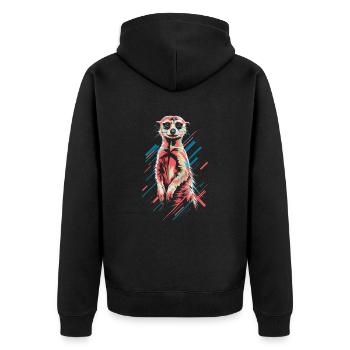Cooler Erdmännchen Look in Bunt - Unisex Premium Bio Zip Hoodie - Schwarz - Hinten - Nico (187cm)