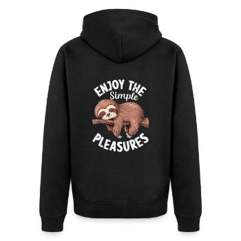 faultier inspirGenieße Die Einfachen Freuden - Fau - Unisex Premium Bio Zip Hoodie - Schwarz - Hinten - Nico (187cm)