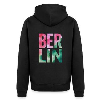 Berlin Souvenir Aquarell Schriftzug - Unisex Premium Bio Zip Hoodie - Schwarz - Hinten - Nico (187cm)