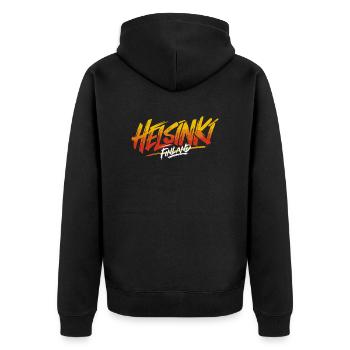 Helsinki Finland Souvenir - Unisex Premium Bio Zip Hoodie - Schwarz - Hinten - Nico (187cm)