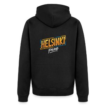 Helsinki Finland Souvenir - Unisex Premium Bio Zip Hoodie - Schwarz - Hinten - Nico (187cm)