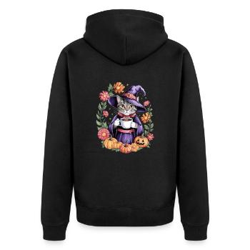 Chat sorcière Halloween avec des citrouilles et des fleurs - Veste à capuche bio Premium Unisexe - noir - Dos - Nico (187cm)