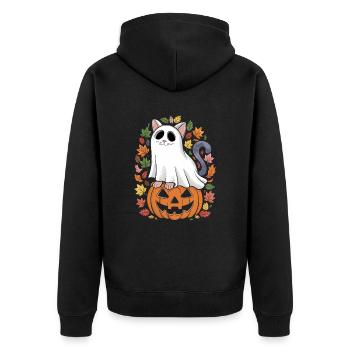 Halloween Cat Ghost on Pumpkin with - Unisex Premium Organic Zip Hoodie - black - Back - Nico (187cm)