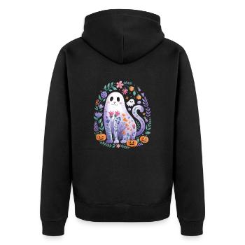 Chat mignon d'Halloween avec des citrouilles et des fleurs - Veste à capuche bio Premium Unisexe - noir - Dos - Nico (187cm)