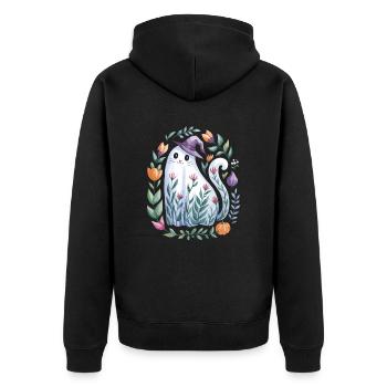 Chat fantôme d'Halloween avec chapeau de sorcière et fleurs - Veste à capuche bio Premium Unisexe - noir - Dos - Nico (187cm)