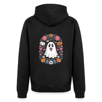 Joli chien fantôme entouré de citrouilles d'Halloween - Veste à capuche bio Premium Unisexe - noir - Dos - Nico (187cm)