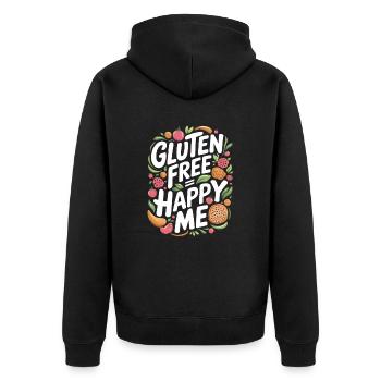 Glutenfrei = Glücklich Ich - Buntes Design - Unisex Premium Bio Zip Hoodie - Schwarz - Hinten - Nico (187cm)
