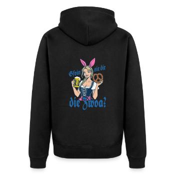 Gefallen sie dir, die Zwei? Dirndl Bier & Bretzen - Unisex Premium Bio Zip Hoodie - Schwarz - Hinten - Nico (187cm)