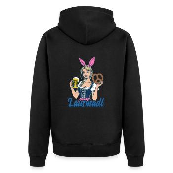 Lausmadl - Madl im Dirndl - Bier und Bretzel - Unisex Premium Bio Zip Hoodie - Schwarz - Hinten - Nico (187cm)