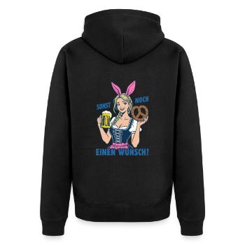 Sonst noch einen Wunsch? Dirndl, Bier und Bretzel - Unisex Premium Bio Zip Hoodie - Schwarz - Hinten - Nico (187cm)
