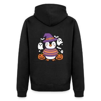 Pinguin Halloween mit Kürbissen und Geistern - Unisex Premium Bio Zip Hoodie - Schwarz - Hinten - Nico (187cm)