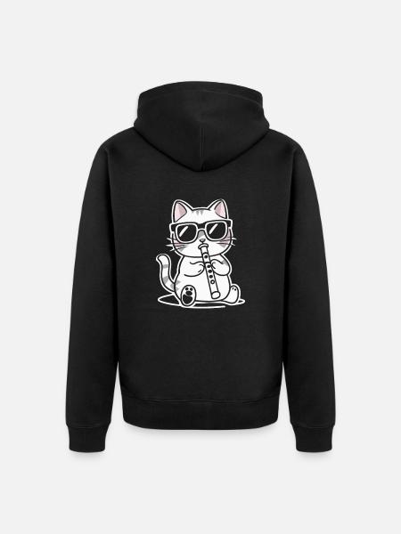 Cat with sunglasses playing flute - Unisex Premium Organic Zip Hoodie - black
