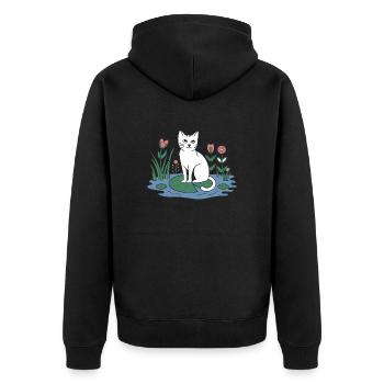 Cottagecore cat on lily pad in the garden - Unisex Premium Organic Zip Hoodie - black - Back - Nico (187cm)