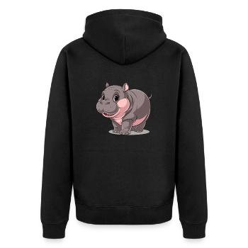 Cute Moo Deng Hippo Cartoon Motif - Unisex Premium Organic Zip Hoodie - black - Back - Nico (187cm)