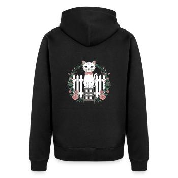 Cottagecore Katze mit Blumen und Zaun - Unisex Premium Bio Zip Hoodie - Schwarz - Hinten - Nico (187cm)