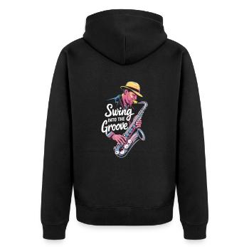 Swing Into The Groove Jazz Saxophon - Unisex Premium Bio Zip Hoodie - Schwarz - Hinten - Nico (187cm)