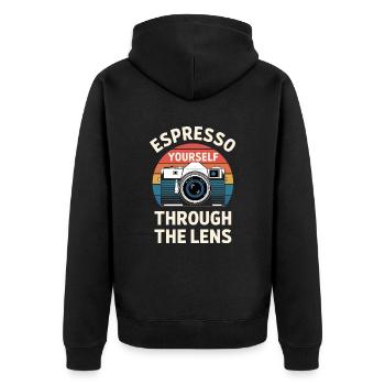 Espresso Yourself Photographe à travers l’objectif - Veste à capuche bio Premium Unisexe - noir - Dos - Nico (187cm)