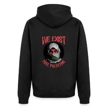 We exist - Freiheit für Palästina - Frieden - Unisex Premium Bio Zip Hoodie - Schwarz - Hinten - Nico (187cm)