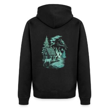 Verzauberte Waldlandschaft im Dunklen Cottagecore - Unisex Premium Bio Zip Hoodie - Schwarz - Hinten - Nico (187cm)