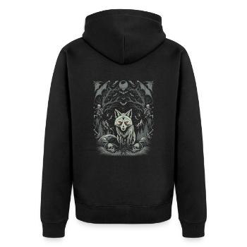 Dunkle Cottagecore Ästhetik Wolf im Mondschein - Unisex Premium Bio Zip Hoodie - Schwarz - Hinten - Nico (187cm)