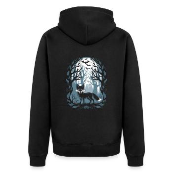 Dunkler Cottagecore Waldfuchs mit Geistern - Unisex Premium Bio Zip Hoodie - Schwarz - Hinten - Nico (187cm)